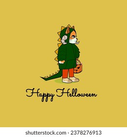 Treak or treat. cat cosplay dinosaur custom holding bag pumkin. flat vector