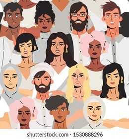 Treandy seamless pattern for textile, fabric and wrapping paper with multicultural group of high school and graduate students, coworkers or friends. Vector illustartion of a multiethnic people group.