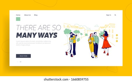 Treason, Perfidy and Love Triangle Website Landing Page. People with Soulmates Walking on Street Looking on other Attractive Persons, Cheat Web Page Banner. Cartoon Flat Vector Illustration Linear