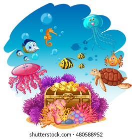 Treassure chest and sea animals underwater illustration