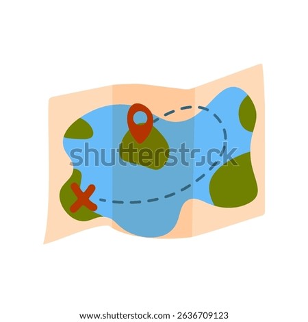 Treasure Adventure Map Cartoon Icon. Folded paper map with marked route, red location pin and X mark. Flat cartoon style, simplified shapes and bright colors, isolated on white.

