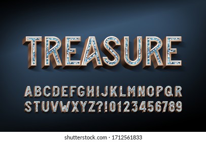 Treasure alphabet font. 3D gold letters and numbers with gemstones. Stock vector typescript for your design.