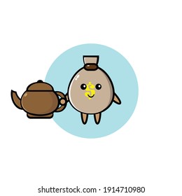 Treasure bag character illustration design carrying a teapot