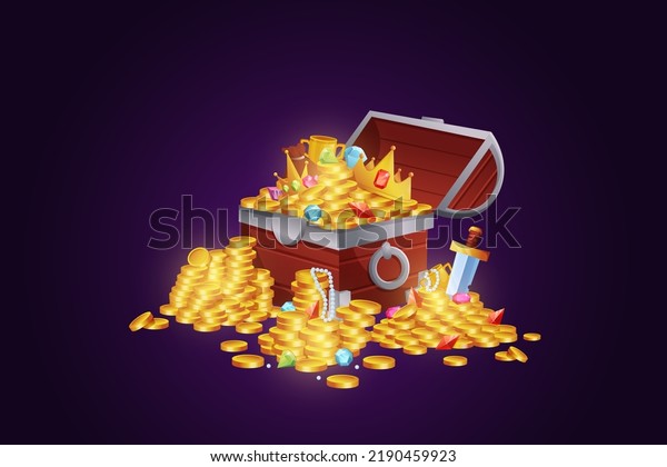 Treasure box. Chest with gold coins and gems\
heap. Game loot. Pirate art. Open case. Ancient container sign.\
Fairy crate with golden light. Magic full coffer. Vector\
illustration\
background