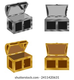 caja del tesoro vacía con color oro y plata. Ilustración vectorial aislada en fondo blanco.