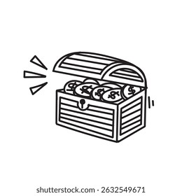 treasure box full of gold coins in doodle style