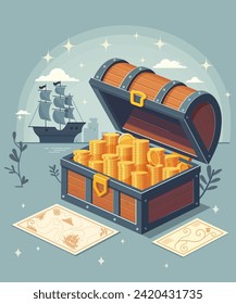 Treasure box with golden coins. Open wooden chest full of golden coins with pirate ship on background. Design element in 3d style for game of web. Tressure hunters map concept. Vector illustration