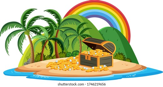 Treasure box on the tropical island with rianbow on white background illustration