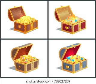 Treasure box posters collection, casket with golden coins and royal crown, diamonds and jewelry with cup vector illustration isolated on white