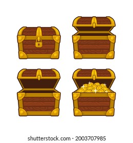 Treasure Box Set. Wooden Chest with Gold Coins. Vector
