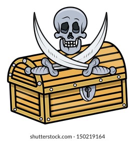 Treasure Box with Skull and Crossed Sword - Vector Cartoon Illustration