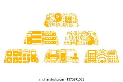 Treasure Bricks composition icon constructed for bigdata and computing illustrations. Vector treasure bricks mosaics are composed from computer, calculator, connections, wi-fi, network,