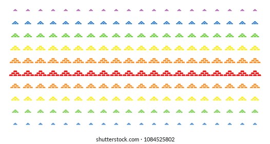 Treasure Bricks icon spectrum halftone pattern. Vector symbols arranged into halftone grid with vertical spectral gradient. Constructed for backgrounds, covers, templates and abstract compositions.