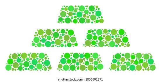 Treasure Bricks mosaic of dots in variable sizes and eco green color tones. Vector round elements are composed into treasure bricks collage. Eco vector illustration.