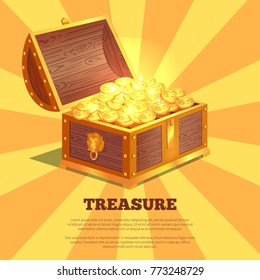 Treasure bright wooden box, vector illustration of chest with golden lion and rivets, lot of coins, isolated on orange and yellow striped background