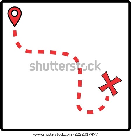 Treasure card. Point to point route. Final destination marked with a cross