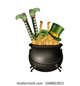 treasure cauldron with feets elf and hat saint patrick