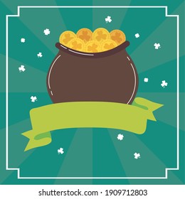 treasure cauldron with ribbon frame saint patricks day vector illustration design
