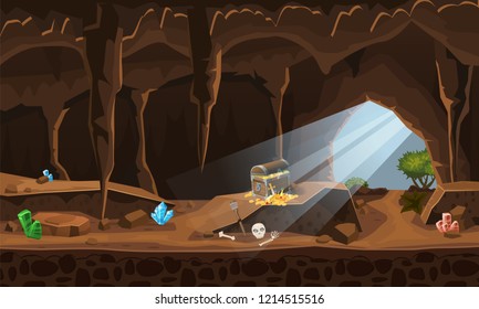 Treasure cave with chest gold coins, gems. Concept, art for computer game. Background image to use games, apps, banners, graphics. Vector cartoon illustration