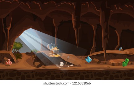 Treasure cave with chest gold coins, gems. Concept, art for computer game. Background image to use games, apps, banners, graphics. Vector cartoon illustration