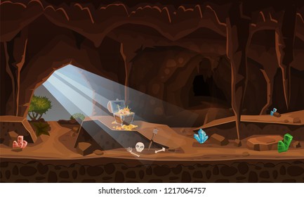 Treasure cave with chest gold coins, gems. Concept, art for computer game. Background image to use games, apps, banners, graphics. Vector cartoon illustration