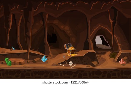Treasure cave with chest gold coins, gems. Concept, art for computer game. Background image to use games, apps, banners, graphics. Vector cartoon illustration