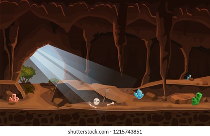 Treasure cave with crystals. Concept, art for computer game. Background image to use games, apps, banners, graphics. Vector cartoon illustration