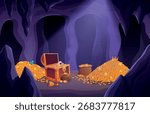 Treasure cave. Dark cave in mountain or rock with wooden chest with gold coins, golden cup, gems, crown. Cartoon pirate or king treasures, sapid vector illustration