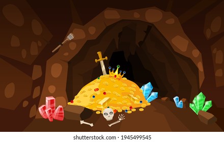 Treasure Cave, Gold Pile, Coins, Gems, Crown, Sword, Crystals. Concept Art For Game, Apps. Background Cartoon Style