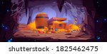 Treasure cave with golden coins in chest and wooden barrel, crystal gems, crown, sword in pile of gold and goblet with precious rocks, ancient fantasy magic tomb or mine, Cartoon vector illustration