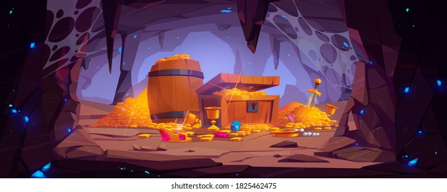Treasure cave with golden coins in chest and wooden barrel, crystal gems, crown, sword in pile of gold and goblet with precious rocks, ancient fantasy magic tomb or mine, Cartoon vector illustration
