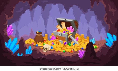 Treasure Cave. Mine With Pile Of Gold Coins, Crystals, Old Chest With Map And Gem, Money Bag And Skull. Cartoon Pirate Treasury Vector Scene. Illustration Cave With Gem Stone And Treasure