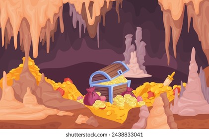 Treasure cave. Pirate chest with hidden money, jewelery pile gold coins in ancient wooden box, fairytale treasury golden cash gems at underground mine cartoon vector illustration of pirate treasure