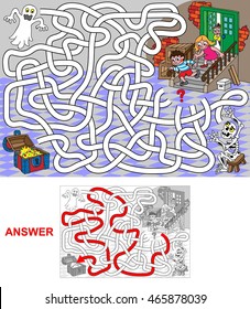Treasure in a cellar. Help children to find a hidden treasure in a cellar. Labyrinth for kids (landscape).
