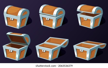 Treasure chest for animation. Cartoon empty treasure casket opening frames. Closed ancient chest with lock.