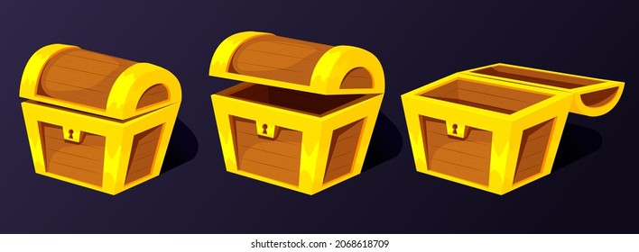 Treasure chest for animation. Cartoon empty treasure casket opening frames. Closed ancient chest with lock.