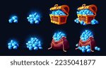 Treasure chest and bag with gem stones game icons. Wooden trunk or sack with blue crystals. Trophy growth, level reward, pirate loot, fantasy assets, gui elements, Cartoon vector illustration, set