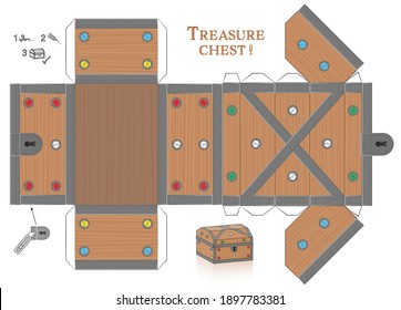 Treasure chest box paper model. Cut out, fold and glue it. Template with gemstones and lid that can be opened. Wooden textured box for precious objects, luxury, belongings or little things.
