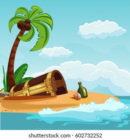A treasure chest buried on an island with a palm tree. Vector illustration.