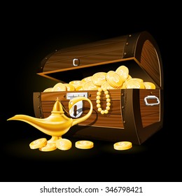 Treasure chest of coins and magic lamp