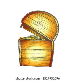 Treasure Chest With Coins Side View Color Vector. Classical Antique Open Wooden Chest With Royal Precious. Wealth Hoard Engraving Mockup Designed In Retro Style Illustration