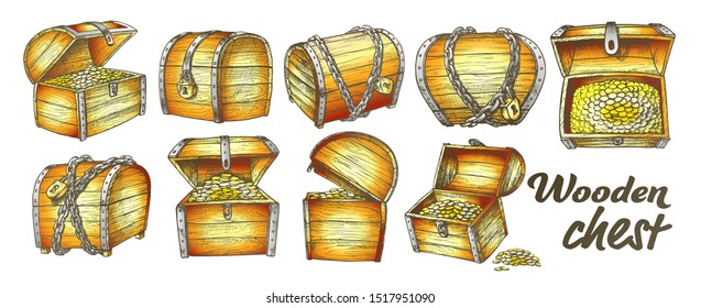 Treasure Chest Collection Color Set Vector. Opened, Closed, Protected Padlock And Chain Pirate Armored Wooden Chest. Engraving Template Designed In Vintage Style Illustrations