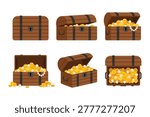 Treasure chest collection showing empty and full of gold coins pirate adventure vector