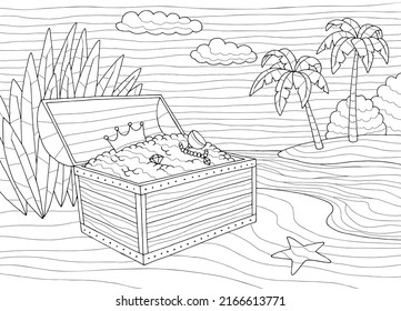 Treasure chest coloring sea coast graphic black white landscape sketch illustration vector