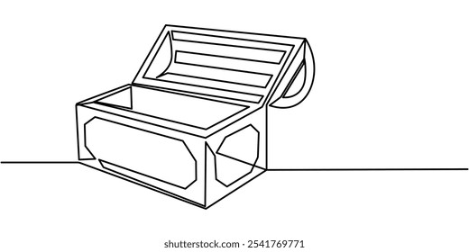 Cofre del tesoro en estilo de arte continuo de una línea. Ilustración vectorial simple, cofre del tesoro vacío abierto una línea continua. Arco de arte lineal. Ilustración vectorial, cofre del tesoro una línea continua.