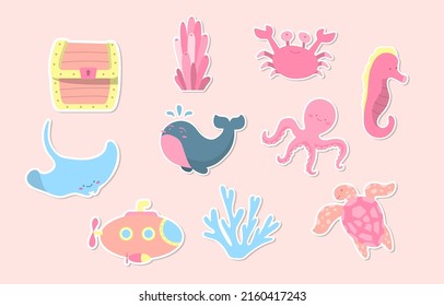 treasure chest, coral, submarine, whale, squid, seahorse, crab, sea ​​turtle, sticker, vector art and illustration.