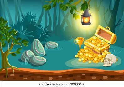 Treasure chest with cup golden coins and skull under lantern on fantasy landscape background vector illustration