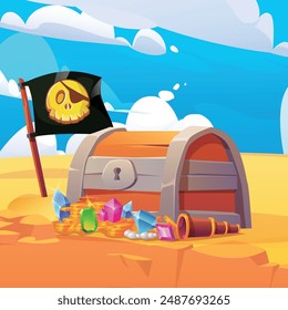 Treasure chest in the desert. Jolly Roger. Vector background. Pirate print