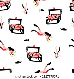 Treasure Chest and Diver Kids Vector Seamless Pattern