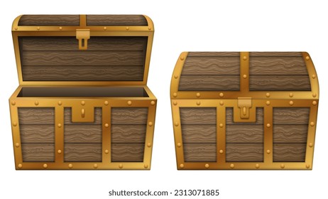 Treasure chest. Empty treasure box, open and closed medieval ancient wooden realistic chests. Vector illustration. Eps 10.